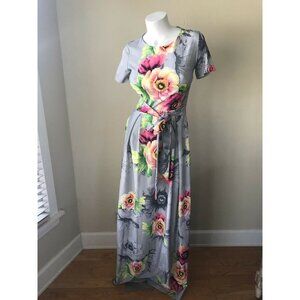 LaMarthe Paris Gray Tie Waist Floral Maxi Dress